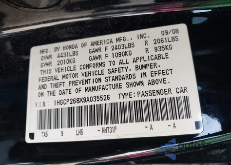 2009 Honda Accord 2.4 Ex-L из США, поврежденный, VIN 1HGCP268X9A035526